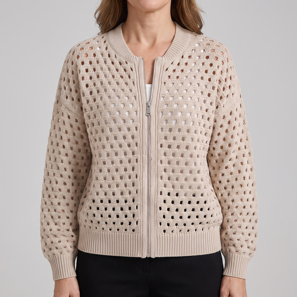 Women's Openwork Knit Jacket | Zip Front | Cotton Knit
