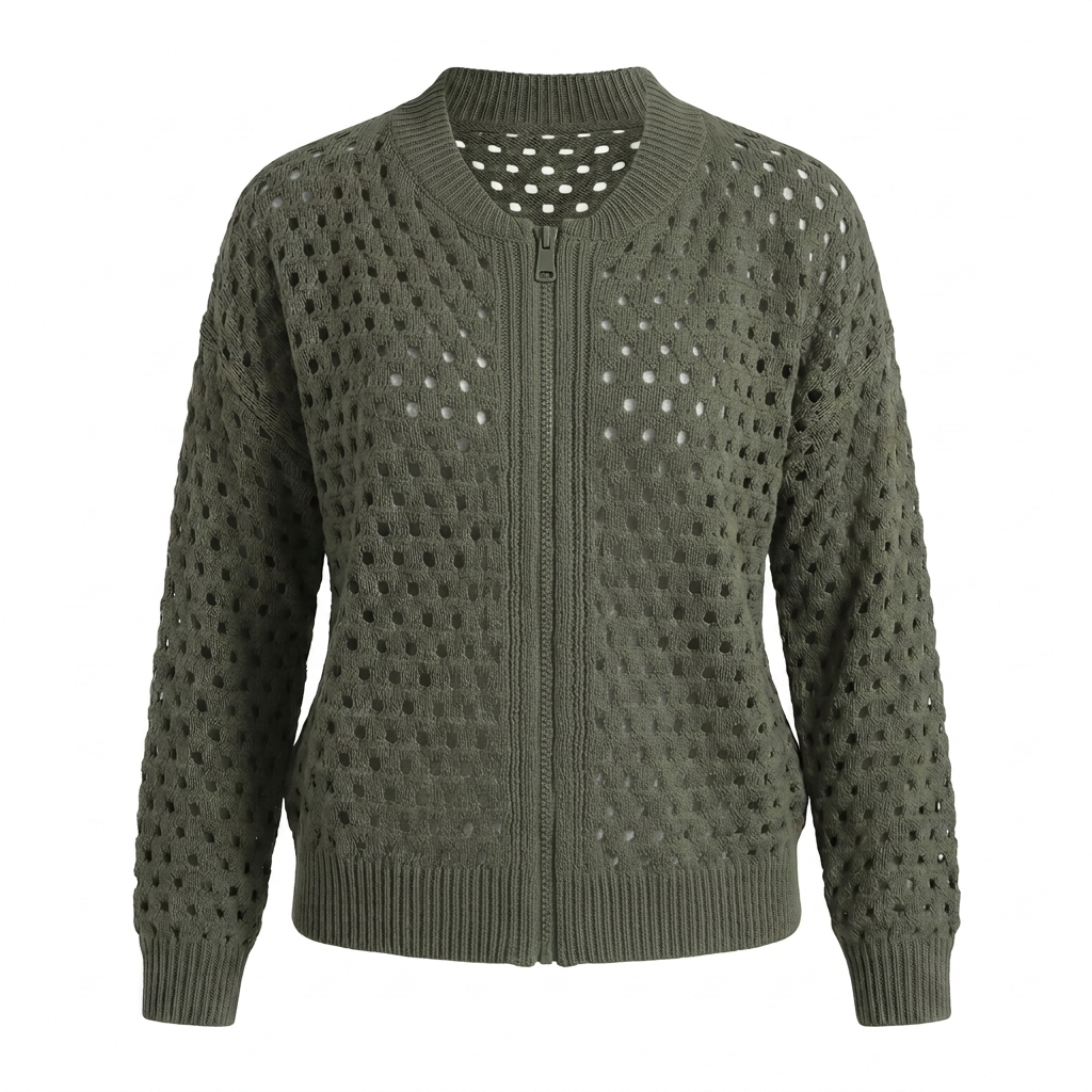 Women's Openwork Knit Jacket | Zip Front | Cotton Knit