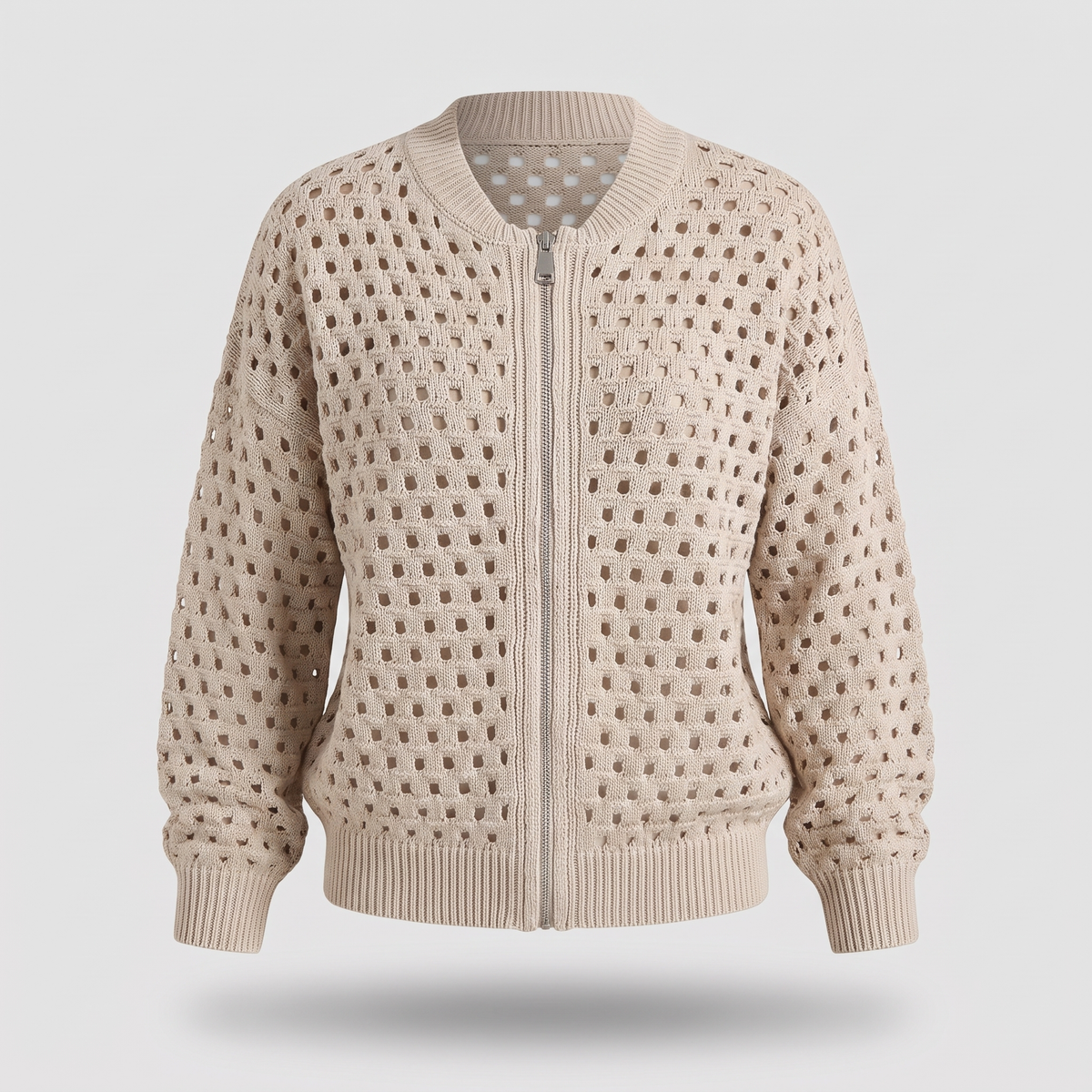 Women's Openwork Knit Jacket | Zip Front | Cotton Knit