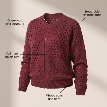 Women's Openwork Knit Jacket | Zip Front | Cotton Knit