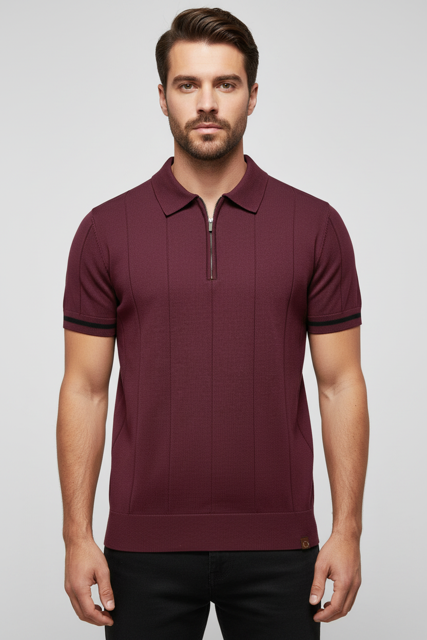 Leo Zip-Knit Polo | Ribbed Detail | Quarter-Zip