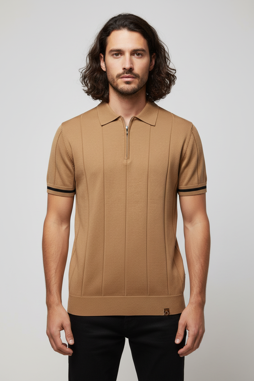 Leo Zip-Knit Polo | Ribbed Detail | Quarter-Zip