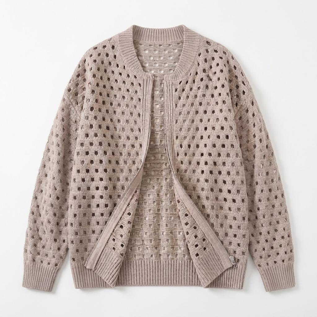 Women's Openwork Knit Jacket | Zip Front | Cotton Knit