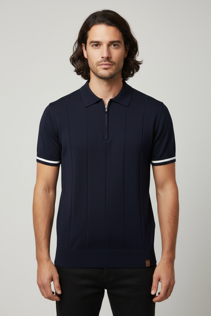 Leo Zip-Knit Polo | Ribbed Detail | Quarter-Zip